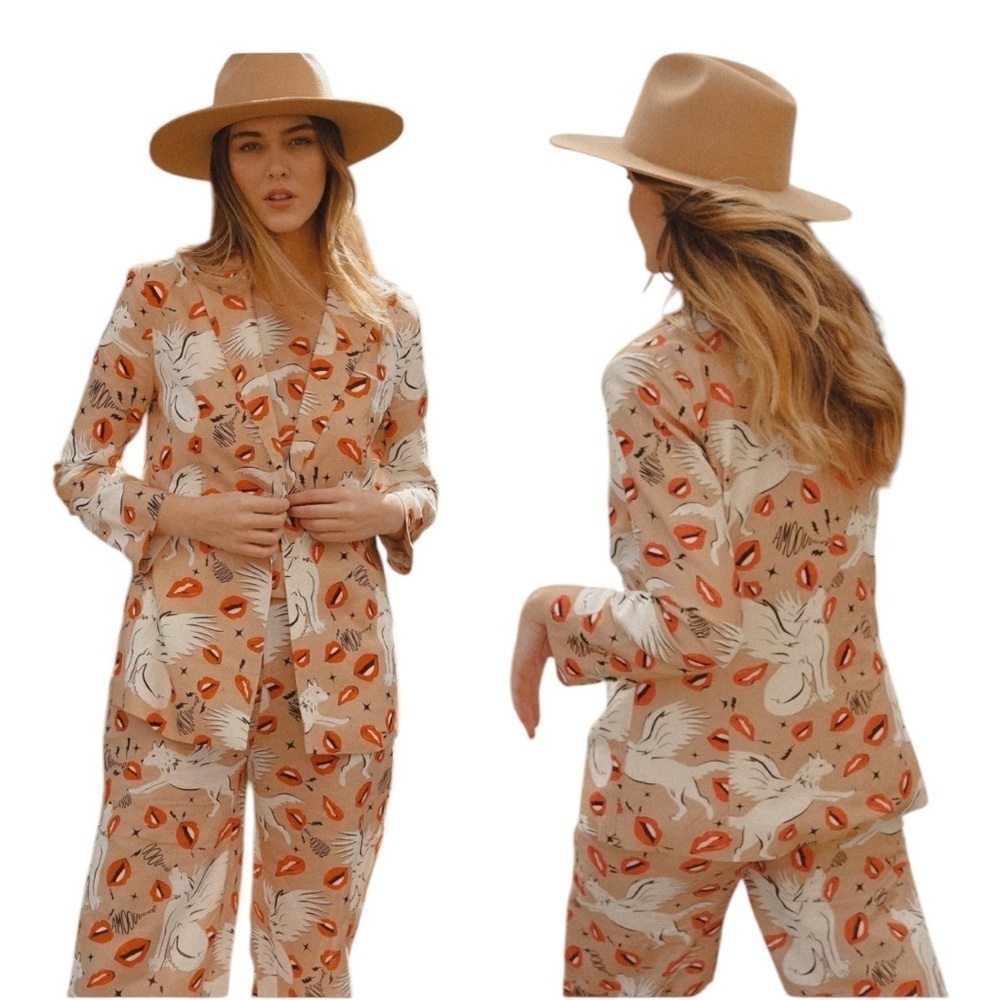 NWT Las Sureñas Wolf Kisses Linen Cotton Printed Blazer Size M